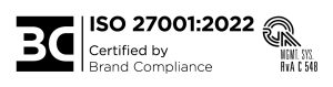 Logo en certificering informatie voor ISO 27001:2022, goedgekeurd door Brand Compliance.